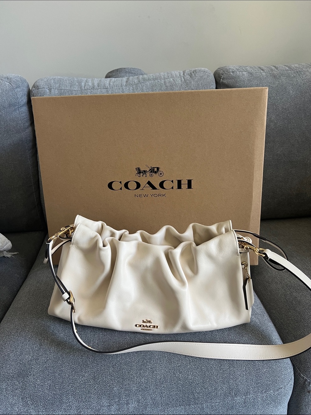Coach Cream Ruched Leather Shoulder Bag with Gold Hardware